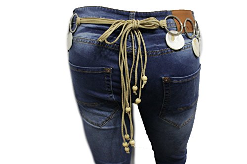 TFJ Women Beige Tie Belt Bohemian Fashion Hip Waist Silver Rings Seashells M L XL