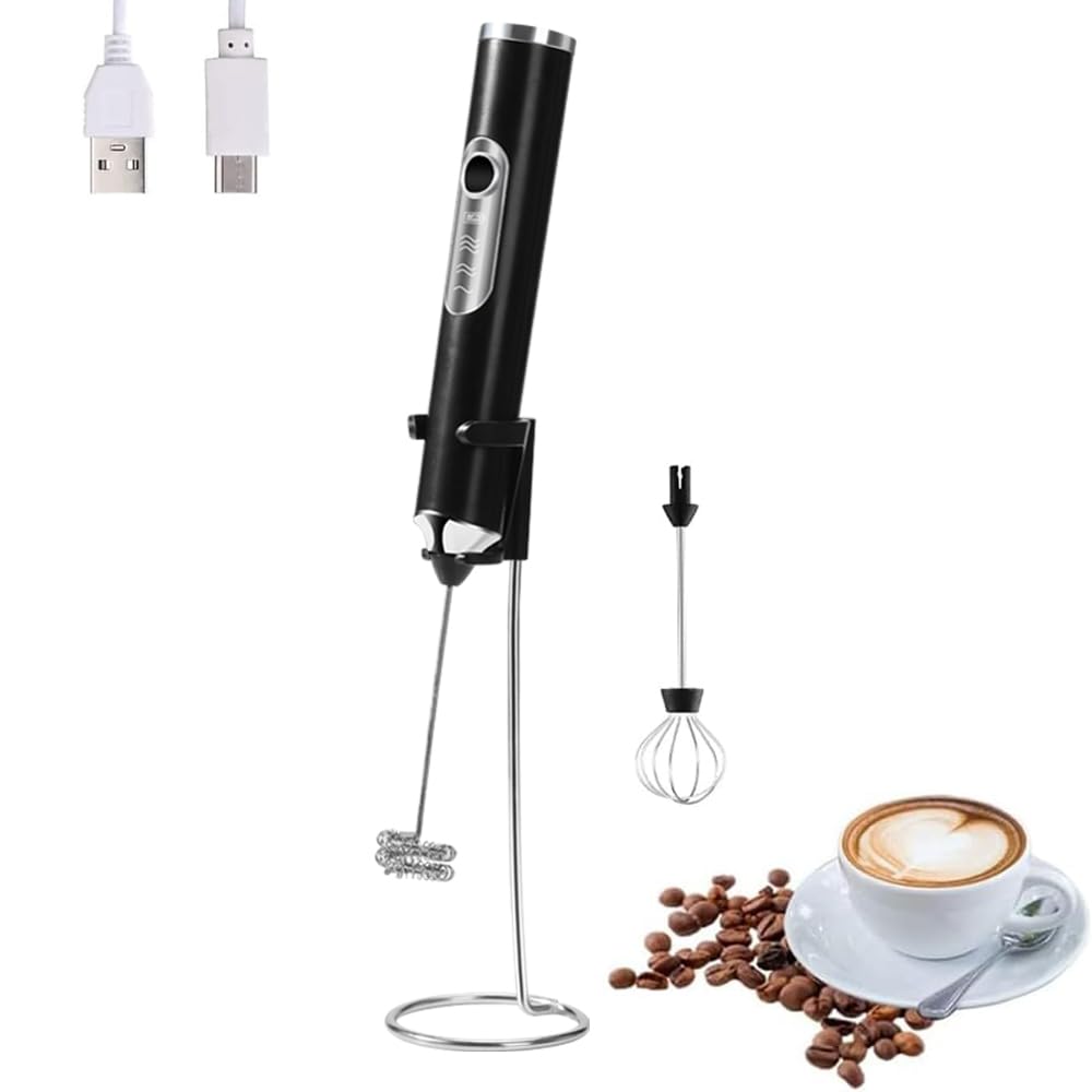 Handheld Electric Milk Frother with 2 Heads, Coffee Whisk Foam Mixer with USB Rechargeable 3 Speeds, Foam Maker Blender for Latte, Cappuccino, Hot Chocolate, Egg (Black with Stand)