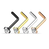 Nose Rings Stud L-Shaped Pack Steel with CZ - 4 Pieces