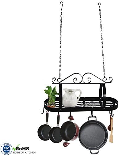 Wall Mount Iron Pot Pan Lid Rack Hanging Holder Gripper Organizer Hanger Storage Shelf w/ 8 Hooks Black for Ladles Cookware Kitchenware Utensil Kitchen Book Bathroom | Steel Durable Grid Multipurpose