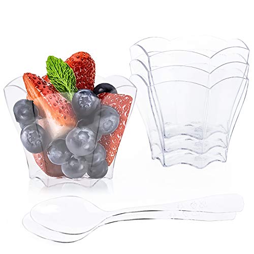 Kingrol 100 Count Mini Dessert Cups with Spoons, 2.3 oz. Disposable Clear Bowls for Mousse, Puddings, Appetizers, Sauces