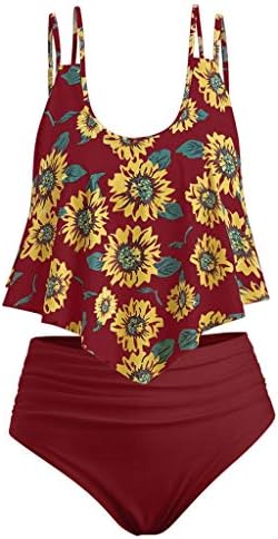 Cenglings Women Sunflower Print Two Pieces Bathing Suits Ruffled with High Waisted Bottom Tummy Control Bathing Suit