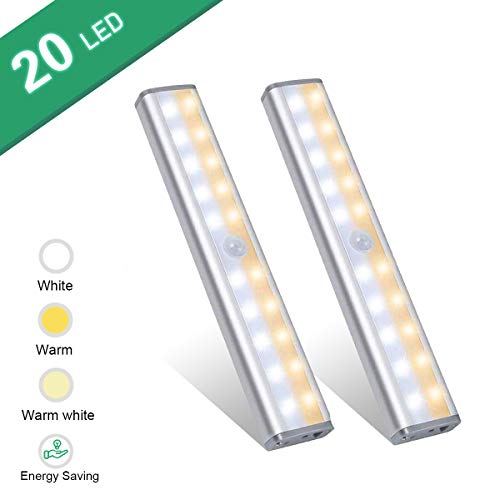Under Cabinet Lighting,Vikano 20 LED Motion Sensor Closet Light Rechargeable,3 Color Mode Wireless Battery Operated Lights Bar for Kitchen Stair Hallway Under Counter Lighting Stick on Lights (2 Pack)