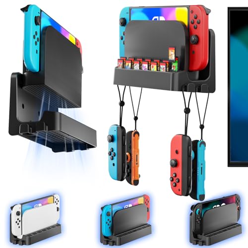 Kosker Switch 2/1 Wall Mount Kit for Switch 2/ OLED/Original Versions, Shelf Wall Holder Stand with Joycons Strap Hanger & 14 Game Slots Rack for S Witch TV Dock Console, Display Bracket Behind TV