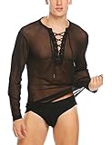 COOFANDY Mens Sexy Lace up See Through Long Sleeve T Shirt Mesh Undershirts
