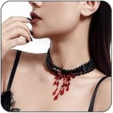 Gothic Blood Drop Pearl Necklace for Women Multi - Layer White Pearl Choker Red Crystal Tassels Dripping Blood Necklace Vampire Choker Necklace Vintage Punk Style Jewelry for Halloween Costume
