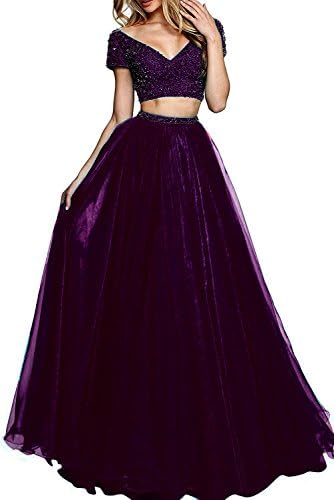 Icy Sun Women's Two Pieces V Neck Homecoming Prom Dresses Long Bridesmaid Gowns ICYLF067