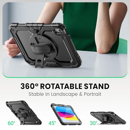 SEYMAC Case for iPad (A16) 11th/10th Generation 2025/2022 11/10.9 Inch, iPad 10th Generation Case, Shockproof Case with Screen Protector, 360 Rotating Stand, Pencil Holder, Shoulder Strap, Black