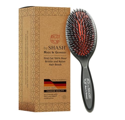 SHASH Since 1869 Made In Germany - Nylon Boar Bristle Brush For Normal To Thick Hair, Gently Detangles, No Pulling or Split Ends - Improves Hair Texture, Soothes and Stimulates Scalp (Medium)