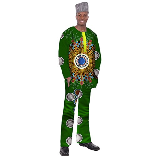 African Men's Kente Bahtik Traditional Suit 2 Pieces Long Sleeve Shirt Plus Dashiki Pant