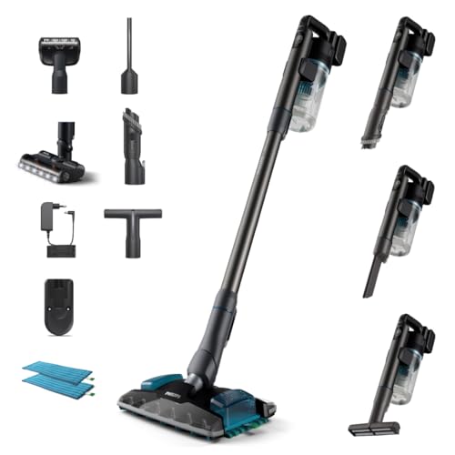 Philips Kabelloser Akku-Staubsauger 8000 Serie Aqua Plus, Staubsaugen und Wischen, PowerCyclone 12, bis zu 80 Min Laufzeit, präzise LED-Düse, Digitales Display, mit 5 Zubehörteilen, Blau (XC8055/01)