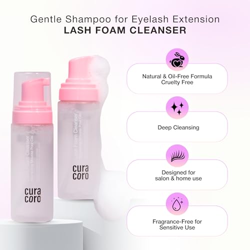 Curacoro 60ML Eyelash Extension Cleanser (Unscented) - Lash Shampoo for Lash Extensions, Eyelash Extension Foam Cleanser for Sensitive Skin, Removes Waterproof Makeup for Professional & Home Use