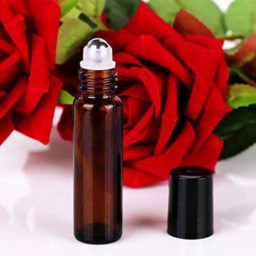24, 10ml Amber THICK Glass Roller Bottles Big Steel Roll Ball for Aromatherapy Essential Oils (24 Labels, 3 Droppers, 1 Funnel, 1 Extra Roller Balls, 1 Bottle Opener)
