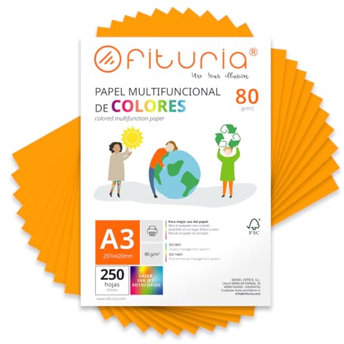 Coloured Sheets, Pack 250 Sheets A3 80 g – Coloured Paper for Crafts, Printer, Scrapbooking – Folios Colours – Ideal Origami, Papiroflexia, Office and School (Light Orange, 250h)