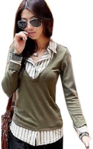 Amazon Co Jp レディース 長袖 重ね着風 ストライプ シャツ ブラウス レイヤード トップス ニット Ol カジュアル グリーン ウェア シューズ 服 ファッション小物