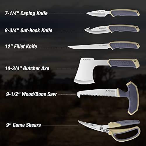 Flissa Hunting Field Dressing Kit, 10 Piece Hunting Knife Set with Skinning Knife, Butcher Game Processing Kit with Portable Storage Case for Deer, Meat Processing, Fishing, Camping, Survival （Brown)