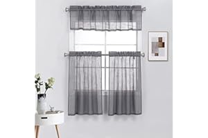 Diamond Home Linens 3 Piece Linen Semi Sheer Kitchen Window Curtain Tiers and Valance Set 24" Long, Gray.