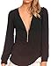 Face N Face Women's Chiffon Sexy Long Sleeve V Neck Zipper Shirt Blouse XX-Large Black