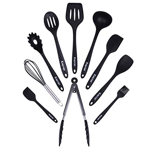Kayose Premium Silicone Kitchen Utensil Set - 10-Piece Heat Resistant Non-Scratch Cooking Essential Accessories Bundle - Great For Cooking & BBQ - Ergonomic Handle Design - Classic Black