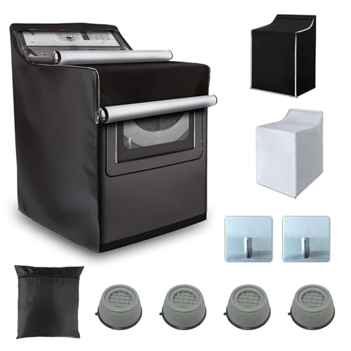 GALASALA Funda para Lavadora, Funda de Lavadora y Secadora Resistente A Los Rayos UV, al Polvo y al Agua, Cubre Lavadora Ajustable con Almohadillas Antivibración de 4 Piezas y Dos Ganchos.(Negro)