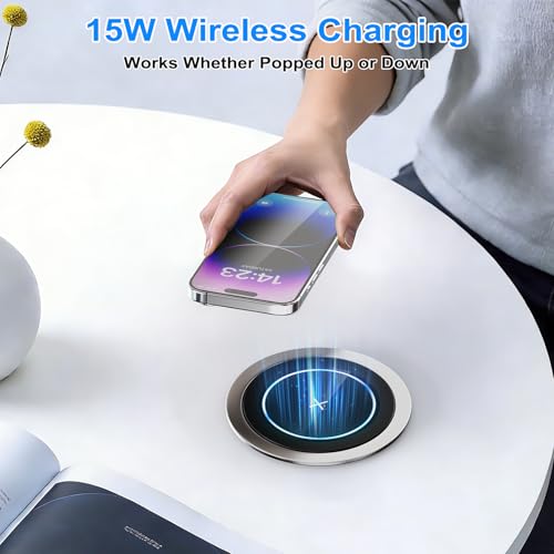 Built-in 9-in-1 Worktop Socket, 4-Outlet Retractable Power Strip 2 USB-C PD 75W Total, Qi Wireless Charging 15W, Pressure Open, Cable 1.8 m, Ø100 mm, Black