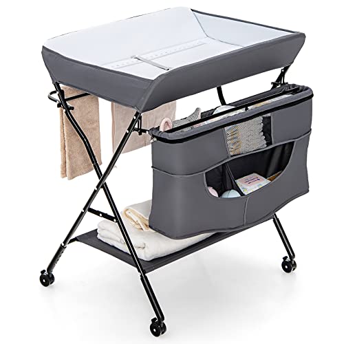Costzon Portable Baby Changing Table, Height Adjustable Mobile Nursery