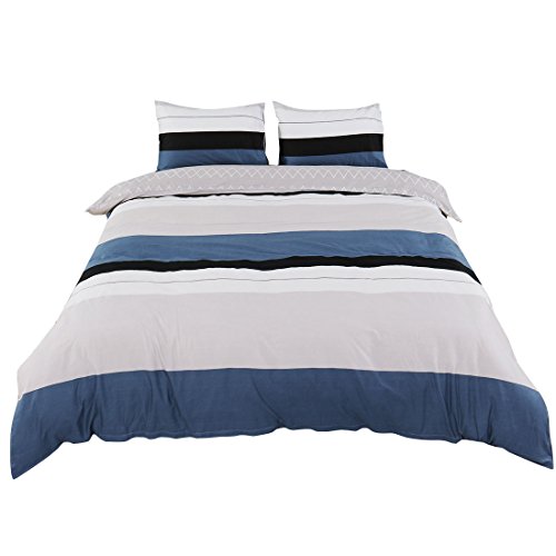 uxcell Duvet Cover Set, 100% Cotton Quilt Cover Bedding for Teens Adult, Simple Modern Stripes Lattices Pattern Printed on Gray Blue with Zipper Closure (Twin XL Size, Blue Stripe)