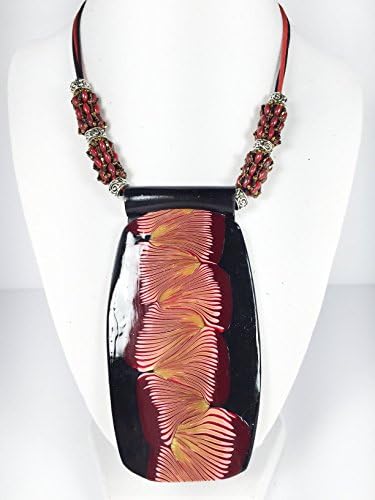 Leenou Handmade Necklace with Black and Red Wearable Art Polymer Clay Rectangle Pendant on Suede Lace Cords with Beaded Beads for Wedding Anniversary Gift Birthday