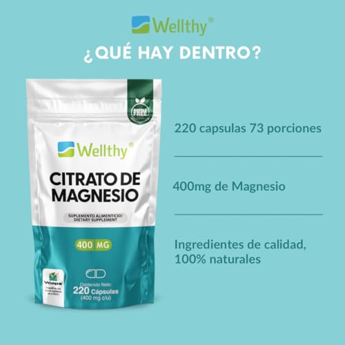 Wellthy Citrato de Magnesio Premium 220 Cápsulas 400mg. 100% Natural, Cápsulas Veganas, Bottle Free, Mas de 2 meses de porciones en 1 Solo Frasco.