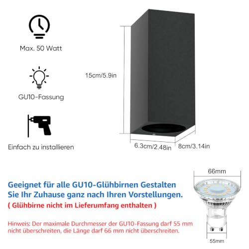 Klighten Pack of 2 Anthracite Wall Light Outdoor Indoor Waterproof IP65 Modern Outdoor Wall Lamp Aluminium Square Outdoor Lamp Wall Light Up Down GU10 Socket Outdoor Wall Light without Bulb