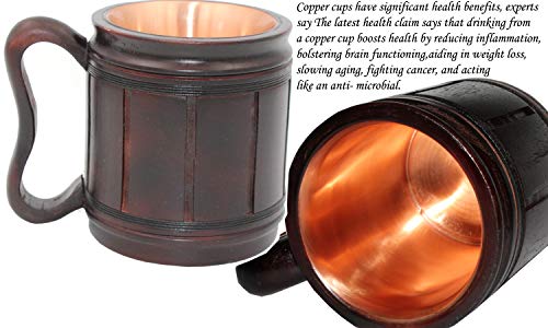 5MoonSun5's Handmade wooden Beer Mug copper Cup Carved Natural Beer Stein Old-Fashioned Barrel Brown Vintage Bar accessories - Wood Carving Beer Mug Great Retro Design Beer Tankard for Men 16oz, - Thumbnail 2