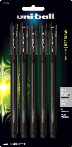 uni-ball Jetstream 101 Bold Point Ball Point Pens, Black Ink, 5 Pens (1772524)