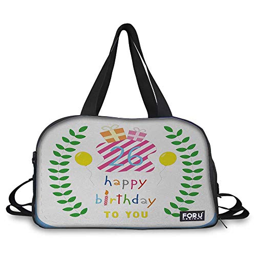 26th Birthday Waterproof Lightweight travel Luggage bag Cute Striped Surprise Boxes Balloons and Leaves Presents Special Day Artwork Customizable pattern Multicolor