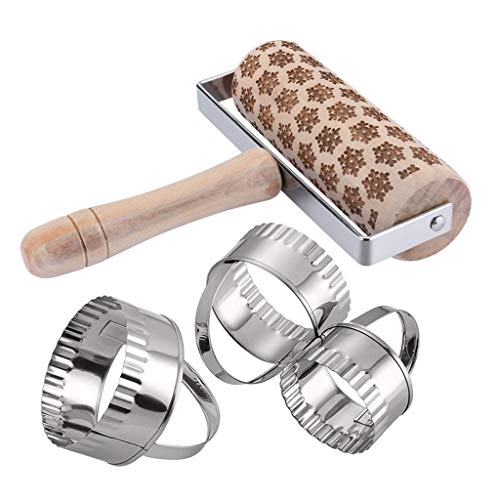 Monoche Christmas Engraved Rolling Pin Snowflake Embossed Cookies Rolling Pin Clay Perfect for Halloween Christmas Baking Wooden Handmade Dough Roller