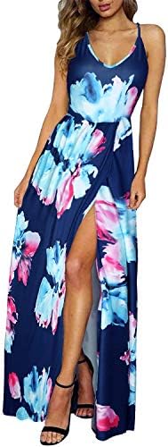 Women's Summer Floral Tie Back Adjustable Spaghetti Strap Maxi Dress Split