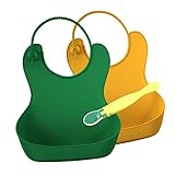 Waterproof Silicone Baby Bibs for Easy Clean and Less Mess! Soft on Skin! Allergy Friendly! Adjustable Straps! Deep Tray! 2 Color Pack (Green / Yellow) with Bonus Spoon.
