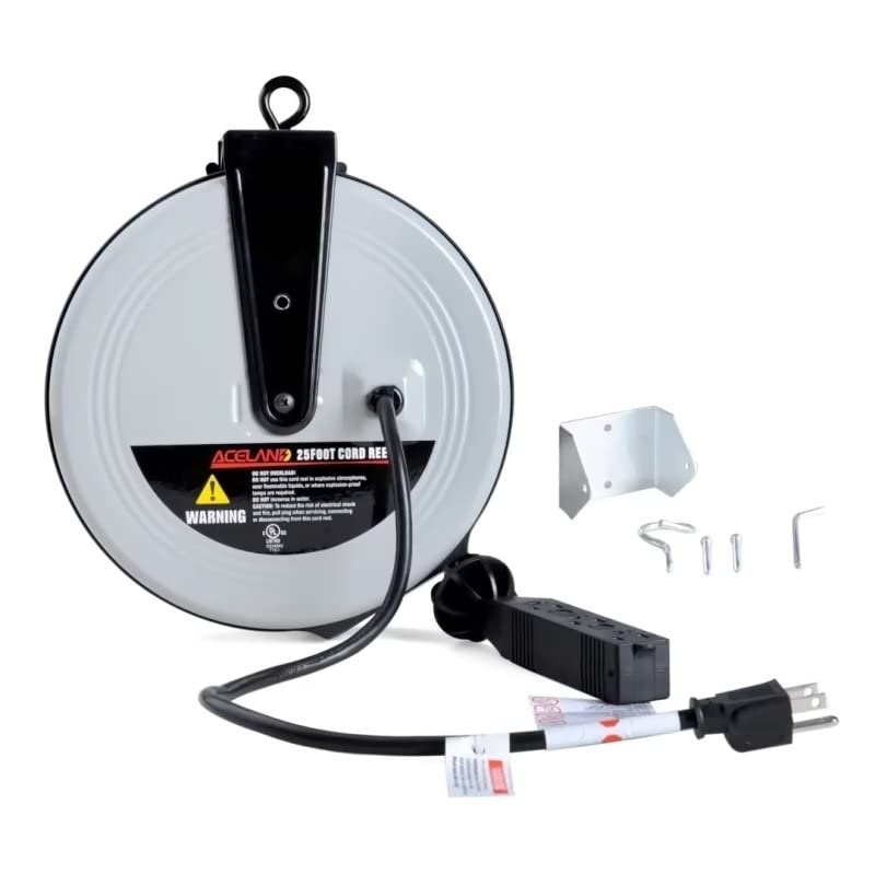 Aceland 25ft Retractable Extension Cord Reel with 3 Electrical Outlets