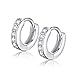 Rhodium Plated Sterling Silver Small CZ Huggie Hoop Earrings Micro Pave 8mm Hoops