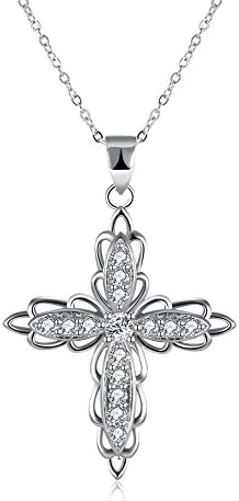 925 Sterling Silver Double Layer Flower Cross Pendent Necklace,18"