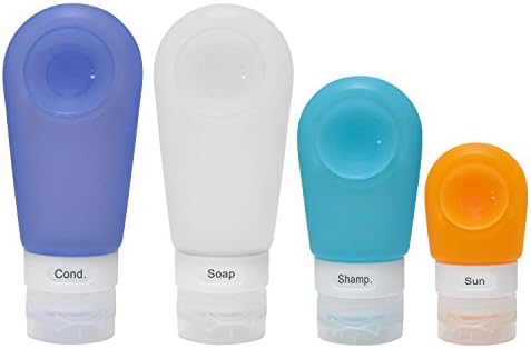 4 Pack Portable Silicone Travel Bottles Strong Suction Cup Leak Proof, with Facial Brush and Toothbrush Case Covers, FDA Certificated Pack P47