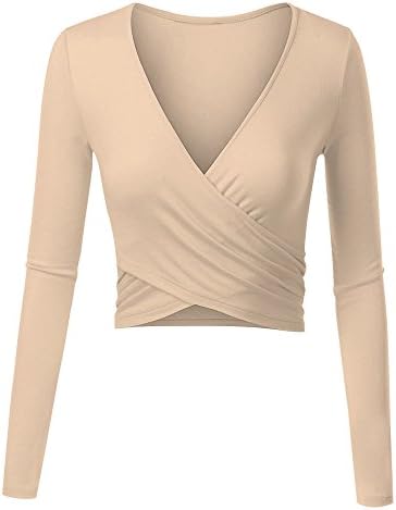 Neck Crop Top,FULVM Women's Long Sleeve Unique Cross Wrap Deep V Neck Slim Fit Crop Tops Oyster Medium