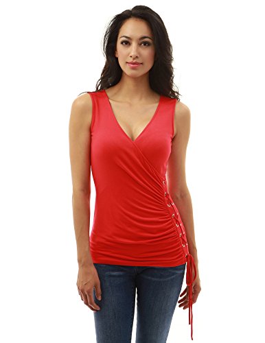 PattyBoutik Women's V Neck Corset Ruched Tank Top (Red L)