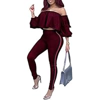 Remelon Womens Sexy Off Shoulder Ruffle Puff Sleeve Striped Bodycon 2 Piece Outfits Jumpsuits Crop Top and Pants Set