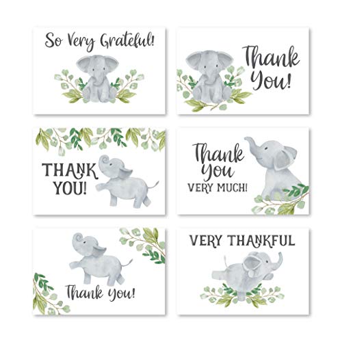 24 Greenery Elephant Thank You Cards With Envelopes, Kids or Baby Shower Thank You Note, Animal 4×6 Varied Gratitude…