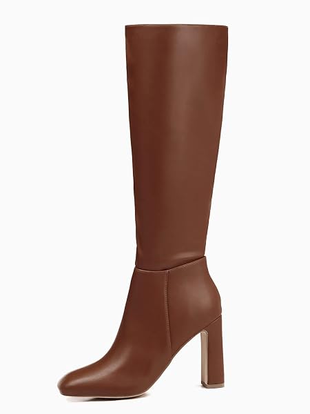 COUTGO WOMEN’S CHUNKY HEELED KNEE HIGH BOOTS CLASSIC LEATHER SQUARE TOE ZIPPERED TALL BOOT, DARK BROWN, SIZE 8.5