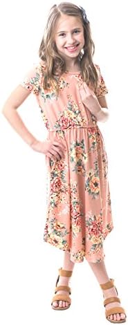 Chrome Classic Girls Midi Floral Dress w/Short Sleeves Made In The USA (Blush, Small)