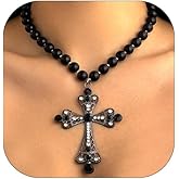 Gothic Cross Necklace for Women Exaggerate Big Pearl Beaded Cross Statement Necklaces Sparkling Crystal Choker Punk Chunky Statement Jewelry