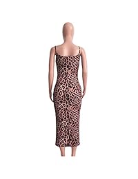 JiherBeauty Vestido sin mangas de leopardo sin mangas para mujer Correa de espagueti Bodycon Vestidos largos Clubwear