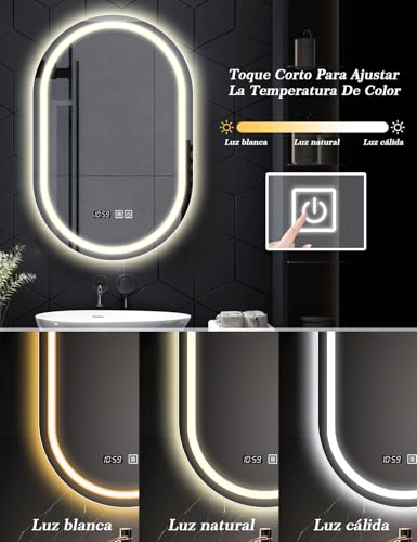 SAGIWO Espejo de Baño LED 50 * 70 cm, Espejo Inteligente Antivaho Ovalado, con Luz Ajustable en 3 Colores, Función de Hora, Instalación Vertical/Horizontal