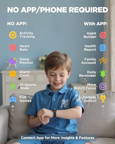 BIGGERFIVE Vigor 3 Kids Fitness Tracker Watch, AMOLED Screen, No App No Phone Needed, 3ATM Waterproof, Heart Rate and Sleep Monitor, Pedometer, Step Counter Smart Watch for Boys Girls Age 5-15, Black